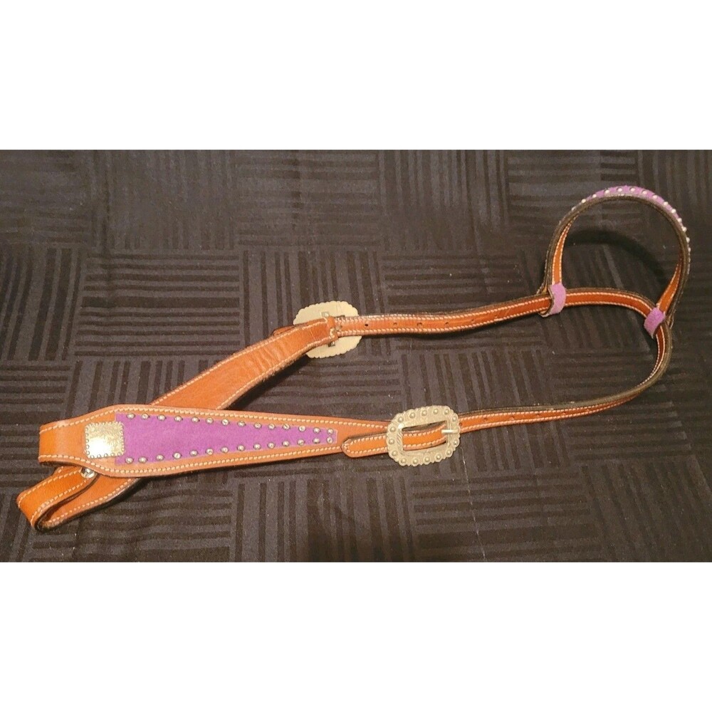 Horse Bridle Western Leather Headstall Purple Cheek Insert One Ear Conchos